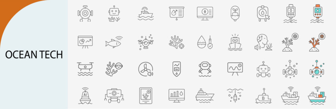 ocean technology and marine science icons, minimal line vector set
