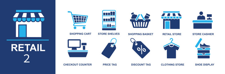 Retail icon set. Containing shopping cart, store shelves, shopping basket, retail store, store cashier, checkout counter, price tag, discount tag, clothing store, shoe display and more. Solid vector i