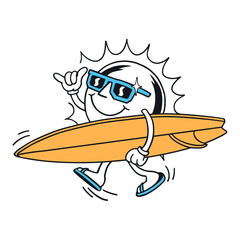 Cute retro-style vector illustration of a smiling sun character wearing sunglasses and carrying a surfboard. Fun summer mascot design perfect for t-shirts, stickers, branding, and surf-themed graphics