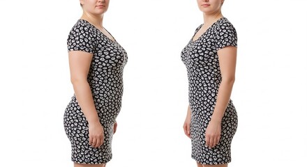 A powerful side-by-side comparison illustrating a woman's significant body transformation and weight loss journey, showcasing impressive results from a dedicated health and wellness program
