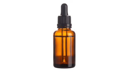 Amber glass dropper bottle with black cap isolated on a transparent background