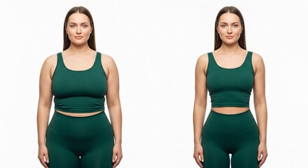 Empowering before and after comparison of a woman's inspiring fitness journey, showcasing significant body transformation and successful weight loss achieved through dedication and a healthy lifestyle