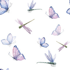 A seamless pattern with delicate butterflies and dragonflies. Watercolor illustration for interior design, fabric printing, and packaging.
