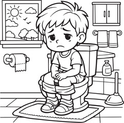 Funny cartoon vector illustration of a happy school child boy playing with a toy train drawing clip-art for children