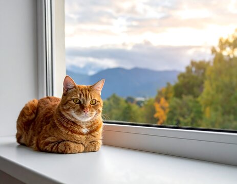 An orange tabby cat relaxes on a windowsill, gazing serenely at a mountain range and a colorful forest during the sunset - Powered by Adobe