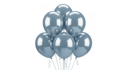 Bunch of gray balloons with ribbons tied isolated on a transparent background