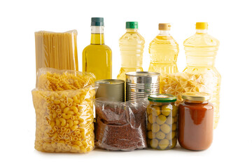 Foodstuffs in donation box isolated on white background.