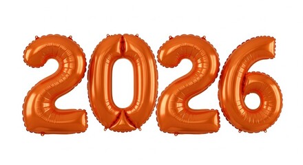 Vibrant orange metallic foil balloons forming the numbers 2026, isolated on a clean white background, symbolizing the upcoming New Year celebration and future prospects for events
