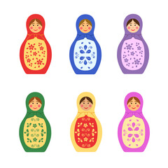 Set Russian Matryoshka. Traditional Russian folklore dolls with Slavic ornaments. Cartoon vector illustration on a white background.