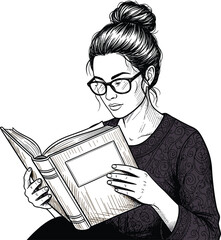 Woman Reading Book Illustration , Vintage Black and White Line Art Engraving Style Portrait of Thoughtful Female Student