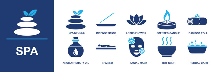 Spa icon set. Containing spa stones, incense stick, lotus flower, scented candle, bamboo roll, aromatherapy oil, spa bed, facial mask, hot soup, herbal bath and more. Solid vector icons