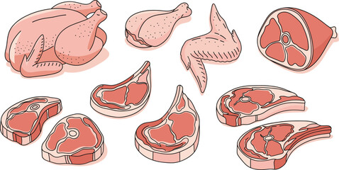 Raw meat set with whole chicken drumstick wing beef steak pork chops and ham isolated on white background flat vector illustration for butcher shop and grocery store