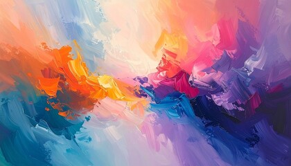 Abstract painting with sweeping brushstrokes in blue, purple, red, orange, pink, and white arcs.