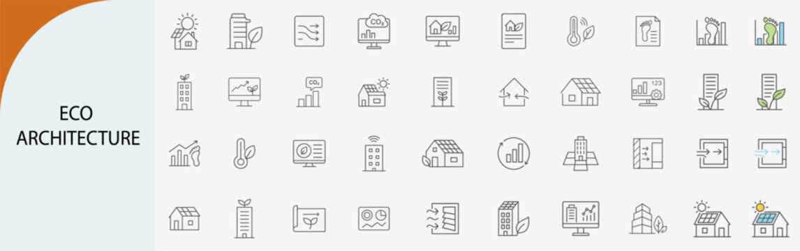 eco architecture and green building icons, minimal line vector set