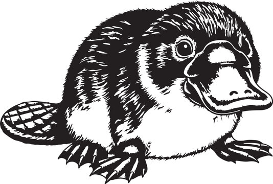 Detailed vector sketch of a platypus with unique features and webbed feet on checkered background