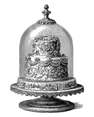 vintage wedding cake under a glass dome engraved illustration isolated on white background