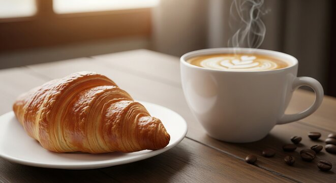Freshly baked croissant and steaming coffee with latte art on a wooden table. Warm morning light creates a cozy breakfast setting, perfect for a relaxing start to the day with delicious food and drink - Powered by Adobe