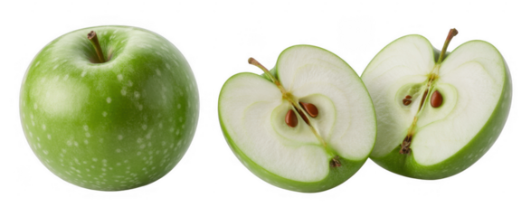 Green apple and sliced green apples fruit healthy isolated on a transparent background