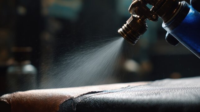 Medium shot of a sprayon hydrophilic coating being evenly misted onto leather surfaces highlighting innovative methods for making leather absorbent.