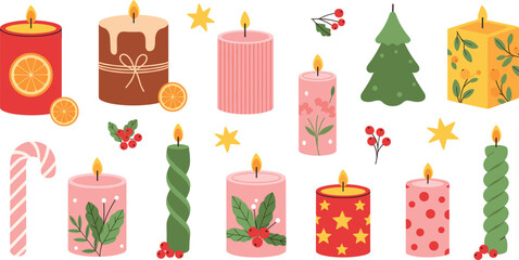 Festive Christmas candle set with colorful decorative pillars featuring stars floral patterns and orange slices isolated on white background flat vector illustration for holiday decor