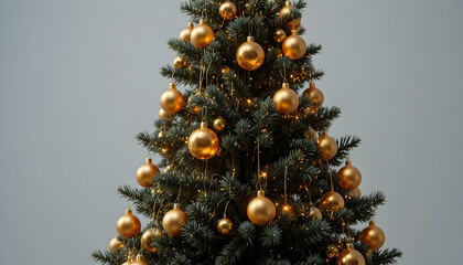 Beautifully decorated Christmas tree with golden ornaments and lights