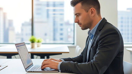Businessman working on laptop in modern office