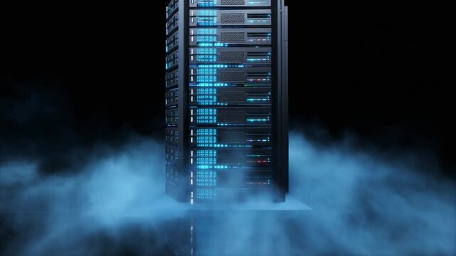 Futuristic server tower with blue lights in smoky dark environment