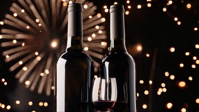 A bottle of wine with a glass on the table set against a backdrop of fireworks exploding in the sky. A festive scene for celebrations or holidays.