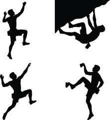 Set of male climber and mountaineer silhouettes, rock climbing, bouldering, extreme sport, adventure, strength, fitness, cliff, vector.