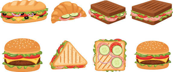 Delicious sandwich and burger set with baguette croissant club sandwich panini and cheeseburgers with fresh vegetables isolated on white background flat vector illustration for cafe menu
