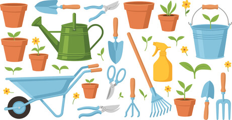 Gardening tool collection with blue wheelbarrow green watering can clay pots rake shovel and pruning shears isolated on white background flat vector illustration