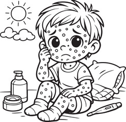 Cute cartoon illustration of a happy little baby boy smiling and playing with a funny toy animal vector character for a children coloring book