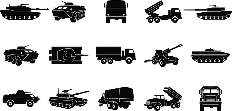 Set of military land vehicle silhouettes, armored tank, truck, artillery, combat, army, defense, weapon, machine, modern, vector.