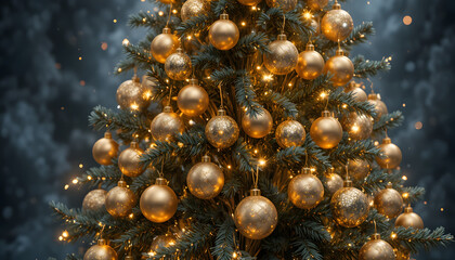 Golden Christmas tree with sparkling ornaments and lights