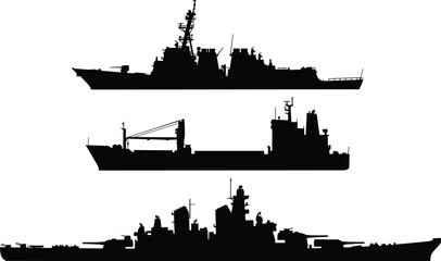 Set of naval warship silhouettes, navy cruiser, cargo freighter, battleship, marine, defense, military, ocean, vessel, transport, vector. © MD SHAHARIR