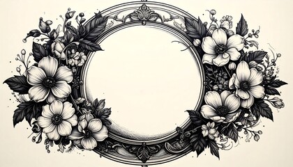 An elegant, grayscale floral illustration. A central circular space is framed by ornate embellishments and blooming flowers