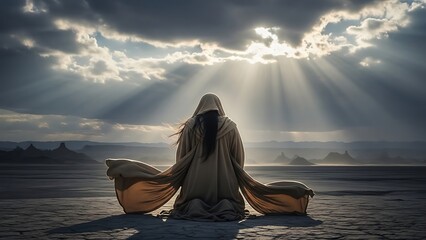 A lone figure kneels in a vast desert landscape under dramatic crepuscular rays