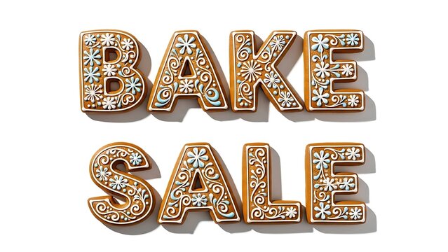 Decorated gingerbread cookies spelling out 'bake sale' on a white background - Powered by Adobe
