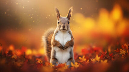 A squirrel standing amidst autumn leaves and warm lighting