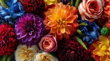 Beautiful floral medley featuring dahlia, rose, and other vibrant blooms. Close-up of colorful fresh bouquet for special occasion or Mothers Day.