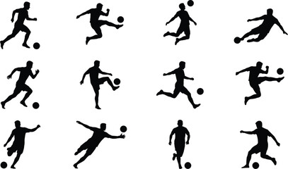 Set of soccer player silhouettes, running, kicking, jumping, shooting, ball, football, sport, action, competition, athlete, vector. © MD SHAHARIR