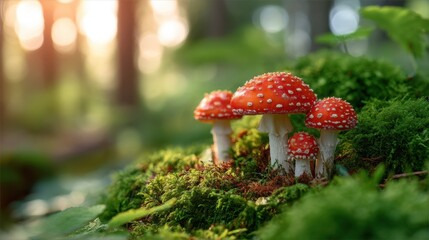 Group of red fly agaric toadstools with white spots growing on green moss in a sunlit forest. Enchanting nature scene for fairy tale books and desktop wallpaper.