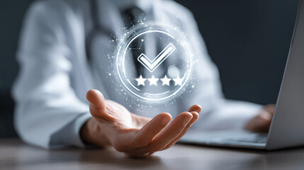 Doctor holding quality assurance hologram white coat stethoscope