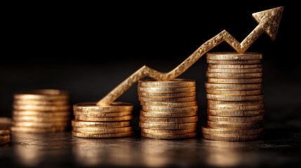 Stacks of gold coin and an arrow pointing upward. Financial growth with rising trend line. Digital stock market data visualization for investment analysis.
