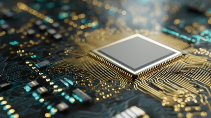 Central processing unit on circuit board. Computer chip with golden traces. Advanced technology for digital innovation and electronic device.