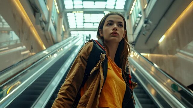 A young woman dressed casually walks through a modern building with elevators and escalators, carrying a suitcase, suggesting she is on the move.