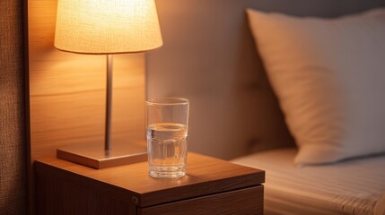 Glass of water on a bedside table with a glowing lamp in a bedroom, symbolizing evening routine, comfort and hydration for health and wellness. Cozy home interior.