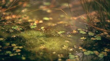 Close-up of swamp water with algae and duckweed in a tranquil marsh
