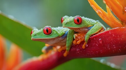 Obraz premium Close-up of two red-eyed tree frogs resting on an orange heliconia blossom