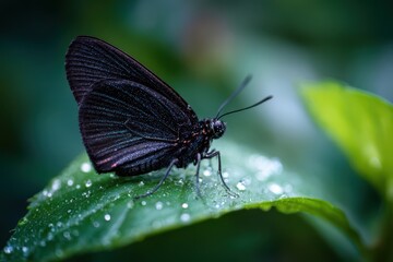 Fototapeta premium Close-up photograph of a black butterfly resting on a green leaf in soft morning light